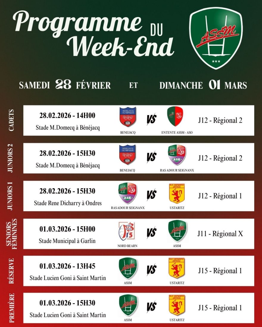Programme du Week-end ASSM club de rugby